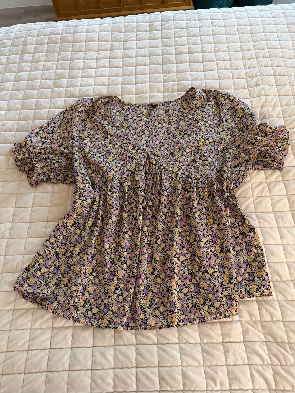 SHEIN Purple and Yellow Floral Puff-Sleeve Babydoll Top